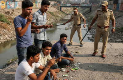 नाल्याच्या बंधाऱ्यावर नशेचा अड्डा उघड – तरुणांच्या हातात गांजा, पोलिसांची अचानक कारवाई