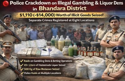 🔴 भंडारा जिल्ह्यात अवैध जुगार व दारू अड्ड्यांवर पोलिसांची धडक कारवाई ₹1 लाख 10 हजार 870 रुपयांचा मुद्देमाल जप्त; आठ ठिकाणी स्वतंत्र गुन्हे दाखल